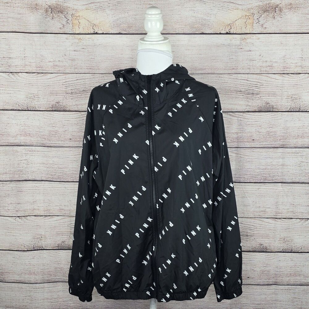 Victoria's Secret PINK Logo Windbreak Rain Anorak Jacket Black Medium Hooded